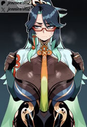 1girl 1girls ai_generated alternate_breast_size aqua_eyes aqua_hair averting_eyes between_breasts black_hair blue_hair blush bodystocking breasts capelet closed_mouth clothing colored_inner_hair dress earrings eyewear female female_only genshin_impact glasses gloves green_hair hair_ornament hands_up huge_breasts jennieart02 jewelry large_breasts light-skinned_female long_hair long_sleeves looking_to_the_side makeup multicolored_hair necktie patreon patreon_logo patreon_username red-framed_eyewear semi-rimless_eyewear solo sweat tassel tassel_earrings twitter twitter_username two-tone_hair very_long_hair watermark xianyun_(genshin_impact)