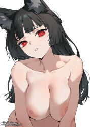 1girl animal_ear_fluff animal_ears black_hair blunt_bangs braid breasts collarbone completely_nude fox_ears fox_girl highres hoshimi_miyabi jjune large_breasts long_hair looking_at_viewer nipples nude parted_lips red_eyes sidelocks solo zenless_zone_zero