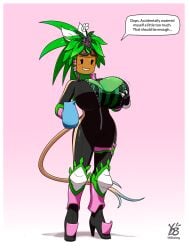 big_breasts blaster_master_zero_2 bodysuit breast_expansion cleavage green_skin hand_on_breast huge_breasts kanna_(blaster_master) large_breasts leaf_hair looking_at_breasts non-human pitcher plant plant_girl plant_humanoid plantie solo_female squeezing_breast voluptuous voluptuous_female wardrobe_malfunction watermelon_bra wet wet_body wet_hair ydbunny