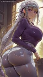 1girl ai_generated ass bangs blunt_bangs braid breasts closed_mouth crown_braid dandanhub emilia_(re:zero) flower grey_hair hair_flower hair_ornament hair_ribbon huge_ass large_breasts long_hair long_sleeves looking_at_viewer looking_back pants pantylines pointy_ears purple_eyes purple_ribbon re:zero_kara_hajimeru_isekai_seikatsu ribbon shirt skirt smile solo sweat thick_thighs thighs wet white_flower window