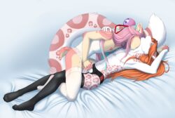 2016 accelo accelo_(artist) anthro bell bite clothing duo feline garter_belt ginger_hair hair hideaki_(character) legwear leopard lying lynx male mammal masturbation neck_bite nude orange_hair penis stockings yaoi