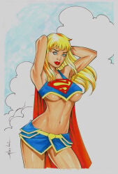 1girls blonde_hair blue_eyes cape female female_only lipstick makeup miniskirt revealing_clothes shiny_skin skirt supergirl superheroine underboob