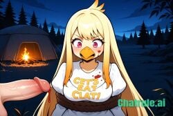 1girl absurdly_long_hair ai_assisted ai_generated anime_screencap beak bib bird_girl blood_splatter campsite close_up clothes_writing firelight flaccid_penis frowning furry_female high_quality juliet_sleeves kneeling long_sidelocks long_sleeves looking_at_penis night outside upper_body white_dress white_robe yellow_skin