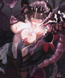 1boy 1girl black_hair bon_(pixiv84768737) breasts brown_pantyhose commentary_request commission dashed_eyes ellen_joe ethereal_(zenless_zone_zero) fins fish_tail lactation large_breasts maid_headdress nipples open_mouth orgasm_beam pantyhose pixiv_commission projectile_lactation restrained shark_girl shark_tail suction_tentacles tail tentacles topless_female zenless_zone_zero
