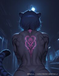 1girl ahoge ai_generated animal_ears artist_name ass back back_focus back_tattoo black_hair blue_hair completely_nude dark-skinned_female dark_skin facing_away from_behind heart heart_ahoge median_furrow moon muscular muscular_female night night_sky nude nyx_x questionable scar_on_arm short_hair sky solo tail tattoo tiger_ears tiger_tail