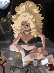 bed bedroom bedroom_background bedroom_setting big_breasts blonde blonde-haired_female blonde_female blonde_hair breasts breasts_bigger_than_head breasts_focus female female_focus female_only glasses glasses_on_face kap_o laptop laptop_computer large_breasts lingerie lingerie_bra lingerie_only maria_(kap_o) monster_energy monster_energy_drink oc original original_character solo solo_female solo_focus tagme thinking thinking_pose