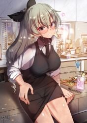 1girls anchovy_(girls_und_panzer) aquaegg blush breasts female food girls_und_panzer glasses green_hair grin hair_ribbon indoors kitchen large_breasts long_hair looking_at_viewer ponytail red_eyes skirt solo