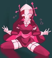 big_breasts breasts breasts_focus fanart light_skin nun nun_outfit peace_sign sarvente sarvente_(dokki.doodlez) sarvente_(fnf_mod) sarvente_(friday_night_funkin) shy spread_legs