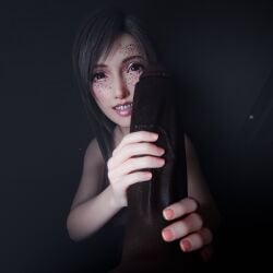 1boy 1girls 3d african_male asian_female barret_wallace big_penis black_hair cock_worship dark-skinned_male derpderp excited_female final_fantasy final_fantasy_vii final_fantasy_vii_remake holding_penis imminent_oral interracial light-skinned_female looking_at_viewer nude_female nude_male red_eyes smile tifa_lockhart veiny_penis
