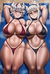 2girls ai_generated beach beelzebub_(helltaker) big_breasts bikini boobs boobs_bigger_than_head breasts breasts_bigger_than_head female female/female female_focus female_only hairbun helltaker horns laying_down light-skinned_female light_skin looking_at_viewer lucifer_(helltaker) on_back sweat sweating sweating_profusely sweaty sweaty_body sweaty_breasts take_your_pick very_sweaty white_hair