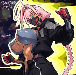 1girl 1girls 2026 ahoge alternate_breast_size artist_name bangs big_breasts black_clothing braided_hair cyberpunk:_edgerunners cyberpunk_(series) cyborg dark_skin face_mask facemask faceplate fanart female green_eyes hair_vents half-length_portrait jumpsuit long_hair mask mouthplate nipple_bulge open_clothes pink_hair satoshi_donald shaded side_view solo studio_trigger talia_yang underboob unzipped_jumpsuit