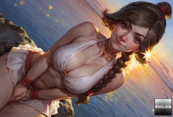 1girls ai_generated avatar_the_last_airbender bare_shoulders beach between_legs bikini bikini_skirt braid braided_ponytail breasts brown_eyes brown_hair choker cleavage closed_mouth dutch_angle hand_between_legs horizon jewelry large_breasts lips long_hair looking_at_viewer navel ocean outdoors philon rock single_braid sitting skirt sky smile solo stable_diffusion sun sunset swimsuit ty_lee water white_bikini white_skirt