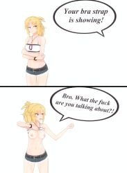2koma blonde_hair fate_(series) koikatsu lifting_shirt medium_breasts meme mordred_(fate) mordredfans showing_breasts tomboy
