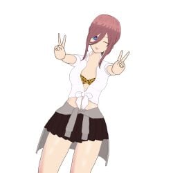 black_skirt blue_eyes bra brown_hair go-toubun_no_hanayome gyaru leopard_print nakano_miku open_shirt tongue_out v wink winking winking_at_viewer