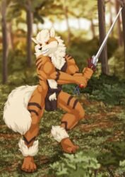 1boy abs anthro arcanine balls biceps black_fur black_nose brown_fur claws flaccid fur furryratchet goldenfur goldyne hair humanoid_penis male male_only mammal melee_weapon muscular muscular_male nintendo nude pecs penis pokemon pokemon_(species) red_eyes solo standing sword teeth toe_claws uncut video_games weapon white_fur white_hair