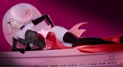 3d angel_dust_(hazbin_hotel) big_breasts curvy curvy_figure demon demon_girl drag_queen dress genderswap hair hand_on_hip hazbin_hotel katzehut male pink_eyes solo stockings thighs