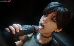 1boy 1girls 3d 3d_(artwork) 3d_model 3d_render 3dcg absurd_res absurdres blue_eyes brown_hair capcom cum cum_in_mouth gokkun grabbing grabbing_penis high_quality high_resolution highres huge_cock interracial rebecca_chambers resident_evil resident_evil_0 semen semen_in_mouth shaddoll_x short_hair tomboy