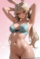 1girl ai_generated alice_thymefield animal_ear_fluff animal_ears armpits arms_up bangs blonde_hair blue_eyes blush bottomless bra breasts cleavage closed_mouth cowboy_shot dark-skinned_female dark_skin hair_between_eyes hair_bobbles hair_ornament heterochromia kermixx long_hair looking_at_viewer low_twintails medium_breasts navel pussy rabbit_ears red_eyes shiny shiny_skin simple_background smile solo sweat twintails uncensored underwear wet zenless_zone_zero
