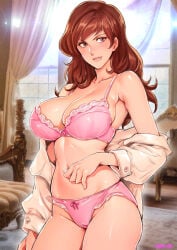 1girls 2024 artist_name big_breasts bottomwear bra breasts brown_eyes brown_hair cleavage coat female female_only hair hips lace lace-trimmed_bra lace-trimmed_panties lace_trim lingerie lips long_hair lupin_iii mine_fujiko open_coat oyaman panties pink_bra pink_panties smile solo solo_female thighs topwear