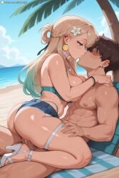 1boy1girl ai_generated bikini blonde_hair breasts_out cowgirl_position earrings female_on_top gradient_hair green_hair hair_ornament huge_cock kissing lying lynae_(wuthering_waves) medium_breasts on_back purple_eyes shorts side_view stoker_ai thigh_strap vaginal_penetration wuthering_waves