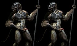 3d anthro armor black_background blue_eyes clothes cross_stereogram erection hand_on_penis holding_object holding_weapon looking_at_viewer male partially_clothed pecs penis presenting presenting_penis scalie sharp_teeth simple_background solo standing stereogram teeth unknown_artist weapon