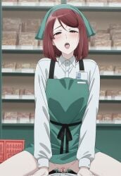 ai_generated cowgirl_position cum medium_breasts orgasm_face red_eyes red_hair sex skinny super_no_ura_de_yani_suu_futari uniform vaginal_penetration yamada_(super_no_ura_de_yani_suu_futari)