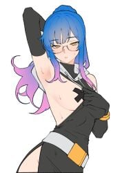 armpit_fetish armpit_focus armpits belt blue_hair boob breast covered_nipples dressed glasses gradient_hair kuso_otoko lifting_arm light_skin medium_breasts orange_eyes pink_hair ponytail presenting_armpit showing_armpits sweatdrop tagme_(character) tagme_(series) wakipai
