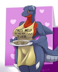 2016 anthro anthrofied apron blush breasts cookie female food gabby_(zurg_101) gabite heart large_breasts looking_at_viewer mature_female mother naked_apron nightfaux nintendo parent pokemon pokemorph smile solo standing thick_thighs voluptuous wide_hips