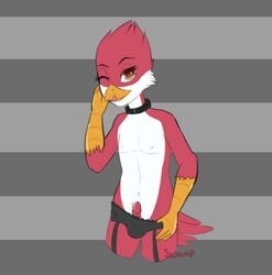 2016 anthro avian avian_(starbound) beak bird black_panties brown_eyes clothing collar feathers furry furry_only gay girly licking looking_at_viewer maladash male one_eye_closed panties penis simple_background starbound swampspectre talons tongue tongue_out twink underwear undressing video_games wink yaoi