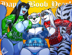 2016 anthro areola bear big_breasts blue_eyes breasts canine clothing erect_nipples female fur green_eyes group hand_on_hip huge_breasts inner_ear_fluff keyhole_turtleneck looking_at_viewer mammal max_blackrabbit nipple_bulge nipple_slip nipples nippy polar_bear raven_hunt skunk slightly_chubby smile striped_fur stripes sweater thong wolf yellow_eyes zig_zag