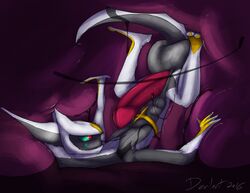 2016 animal_genitalia anthro arceus black_skin deity derilect_(artist) duo english_text erection genital_slit green_sclera humanoid_penis inside legendary_pokemon male nintendo nude penis pokemon red_eyes signature slit solo_focus stomach text upside-down video_games vore white_skin yellow_skin