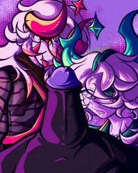 3boys antlers banhammer_(phighting) batteryacidcandy blue_eyes body_scars clothed clothed_sex covered_eye crystal double_blowjob horns inphernal medkit_(phighting) missing_eye phighting pink_eyes pov_male purple_tip self_upload subspace_(phighting) thick_penis threesome_blowjob tongue_out watermark white_and_pink_hair white_hair