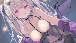 1girl ame_usari babydoll bat_wings black_lingerie black_panties blush breasts breasts_out choker clothed demon_tail demon_wings dress earrings gray_hair hair_ribbon highres large_breasts leash lingerie long_hair nipple_slip nipples nude open_clothes original panties small_but_busty straight_hair tied_hair twintails white_hair wings