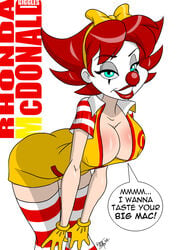 1girls aeolus06 ass bedroom_eyes bent_over big_mac bimbo breasts busty character_name cleavage clothed clothing clown clown_makeup clown_nose cosplay english_text eyelashes eyeliner eyeshadow facepaint female female_only giggles_the_slutty_clown gloves green_eyes hairband hairbow half-closed_eyes highres human inviting large_breasts lipstick looking_at_viewer makeup male_character_(cosplay) mascara mcdonald's original_character red_hair red_lipstick ronald_mcdonald_(cosplay) short_hair signature smile solo speech_bubble striped_thighhighs text thighhighs voluptuous white_background