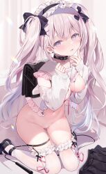1girl ame_usari blush bottomless breasts breasts_out cameltoe clothed collar earrings frilled_skirt frilled_thighhighs frills gray_hair hair_ornament hair_ribbon hairband highres kneeling nipples on_floor open_clothes open_shirt original pussy sailor_uniform school_bag school_uniform shirt shoes silver_hair skirt small_breasts straight_hair thigh_strap thighhighs tied_hair twintails uncensored unworn_skirt white_hair
