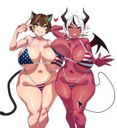 2girls american_flag_bikini animal_ears big_breasts bikini breasts brown_hair busty callie_calico_(vtuber) demon demon_girl female female_only horns huge_breasts imakuni indie_virtual_youtuber large_breasts looking_at_viewer makinakid red_skin swimsuit tail take_your_pick thick_thighs thunder_thighs virtual_youtuber white_hair wide_hips wings