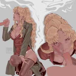 1boy 1girls balalaika black_lagoon blonde_hair erection fellatio female male oral oral_sex penis scar scarred tagme_(artist)