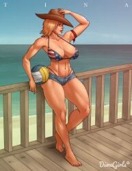 1girl american_flag_bikini arm_band armband artist_name big_breasts bikini blonde_hair blue_eyes booty_shorts breasts cleavage collarbone cowboy_hat dead_or_alive denim denim_shorts dimegirls hand_on_hat jean_shorts large_breasts lips lipstick midriff moxydoxy muscular muscular_female navel ocean pier sand sky solo thick_thighs thighs thin_waist tina_armstrong volleyball wide_hips