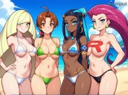 4_girls ai_generated bikini dark_skin dark_skinned_female delia_ketchum_(pokemon) female female_only game_freak jessie_(pokemon) light-skinned_female light_skin lusamine_(pokemon) nessa_(pokemon) nintendo pokemon seductive sexy sexy_body sexy_female take_your_pick