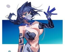 1girl 2026 bangs belly_button big_breasts blue_background blue_eyes blue_hair braided_hair cleavage crossover crossover_cosplay cyberpunk:_edgerunners cyberpunk_(series) cyborg dark_hair face_mask facemask female gradient_background hair_vents hololive hololive_english long_hair looking_at_viewer mask mouthplate navel old_metal_666 ouro_kronii shaded side_view solo talia_yang vtuber waving white_background