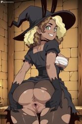 1girl ai_generated animal_ears anus ass black_choker black_dress black_gloves black_headwear blonde_hair blush breasts brown_pantyhose choker clitoris dark-skinned_female dark_skin digitalwaifugallery dress epithet_erased from_behind gloves green_eyes hat hi_res high_quality high_resolution indoors large_breasts looking_at_viewer looking_back lorelai_blyndeff medium_hair nipples pantyhose patreon presenting puffy_short_sleeves puffy_sleeves pussy pussy_juice rabbit_ears sarashi seductive sexy short_sleeves smile solo spread_ass spread_pussy sweat torn_clothes torn_dress torn_pantyhose uncensored watermark witch witch_hat
