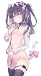 1girl ame_usari blush breasts cameltoe cat_ears cat_tail chain_leash collar detached_sleeves frilled_sleeves frills gray_hair hairband highres leash leash_and_collar leashed leashed_collar medium_hair multicolored_hair naked naked_female nipples nude original pink_hair pussy small_breasts straight_hair thigh_strap thighhighs tied_hair twintails uncensored white_hair
