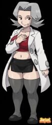 1girls bertha_(pokemon) brown_eyes coat edit edited_official_artwork female female_only grey_hair hand_on_chest mature mature_female official_art projectwetroid red_topwear short_hair short_skirt smile stockings thick_thighs
