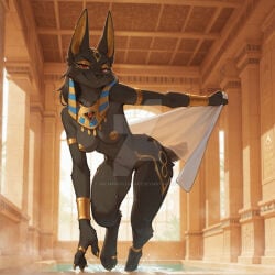 ai_generated anthro anubian_jackal bedroom_eyes canine female female_focus female_only gold_jewelry jackal naked naked_anthro naked_female nipples nude nude_anthro nude_female presenting presenting_pussy pussy