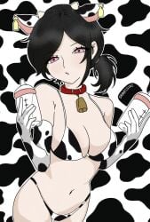 1girls 2d ashley_graves bell_collar bikini black_hair bra breasts collar cow_ears cow_girl cow_horns cow_print cow_print_bikini cowbell female female_only gravessinz looking_at_viewer panties pink_eyes ponytail solo solo_female the_coffin_of_andy_and_leyley