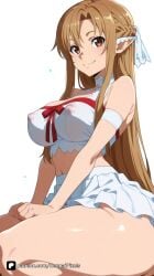 1girl ai_generated artist_name ass asuna_(sao) asuna_yuuki bangs bare_shoulders braid breasts brown_eyes brown_hair closed_mouth covered_nipples crop_top ear_covers elf french_braid large_breasts long_hair looking_at_viewer midriff navel nipples patreon pointy_ears questionable ribbon see-through senpai_pixels shiny shiny_skin simple_background sitting skirt smile solo sword_art_online thighs white_background white_skirt yuuki_asuna