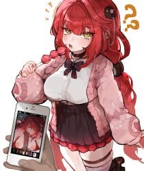 1girl ? ?? absurdres blush braid braided_twintails breasts cardigan censored chest_bow commentary dark-skinned_male dark_skin english_commentary fellatio food green_eyes hair_ornament hetero highres holding holding_food holding_phone large_breasts licking licking_penis long_hair looking_at_viewer mosaic_censoring nipples oral penis phone pink_cardigan pov quadzlnw red_hair shirt simple_background skirt sphere_hair_ornament thigh_strap twin_braids ukinami_yuzuha very_long_hair white_background zenless_zone_zero