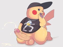 balls barefoot baseball_cap bling bottomless clothing cum cumshot erection eroborus front_view hat humanoid_penis kneeling male male_only mammal masturbation naughty_face nintendo one_eye_closed orgasm pendant penile_masturbation penis pikachu pokemon rodent shirt solo teasing thick_thighs tongue tongue_out vein veiny_penis video_games wink wonking