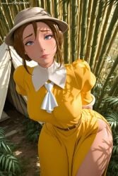1girl ai_generated arms_behind_back bamboo bamboo_forest belt blue_eyes brown_hair disney dress grass hat hi_res high_quality high_resolution jane_porter leaning_forward lips looking_at_viewer nature patreon plant seductive sexy solo spicytoonai standing uncensored uniform watermark yellow_dress