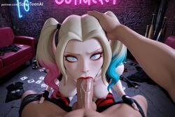 1boy 1girl :>= ai_generated batman_(series) blonde_hair blue_eyes blush breasts erection eyeshadow fellatio fingerless_gloves foreskin gloves harley_quinn hetero hi_res high_quality high_resolution looking_at_viewer makeup mascara multicolored_hair oral patreon penis pov seductive sexy solo_focus spicytoonai twintails uncensored veins veiny_penis watermark